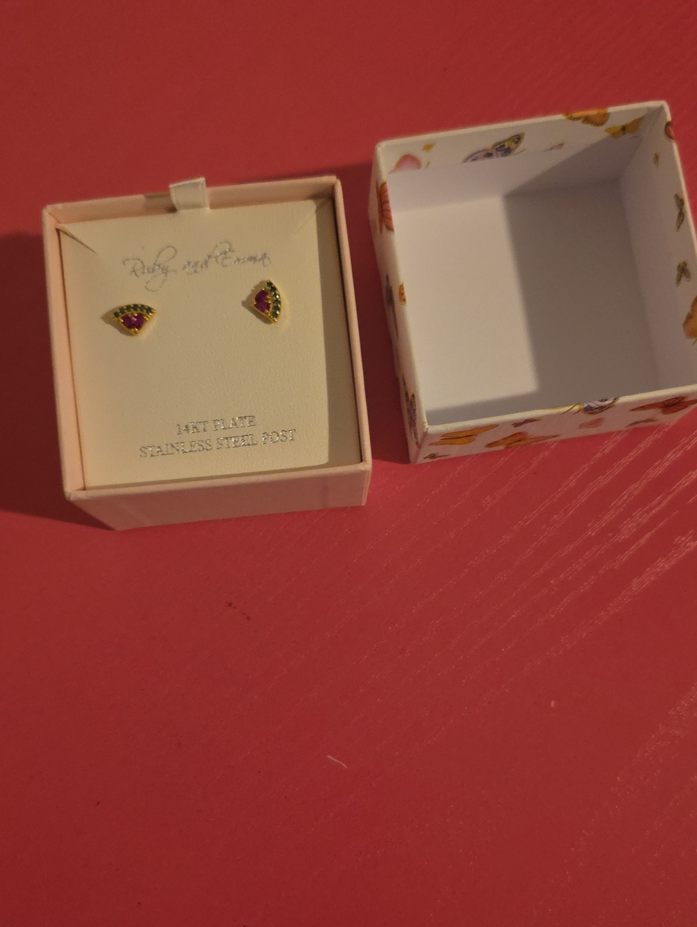 Gold-Tone Triangle Stud Earrings with Pink Gem Accents